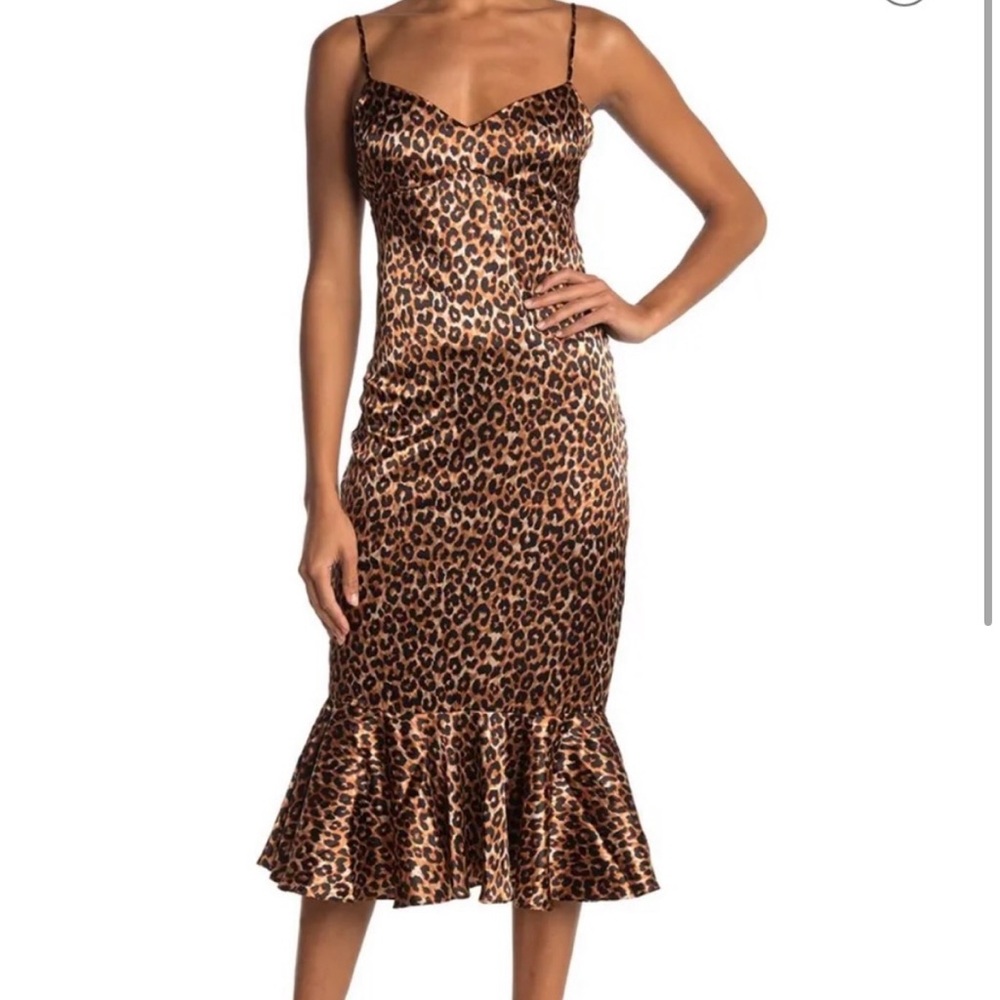 Likely Veosa Satin Leopard Print Ruffle Hem Midi Dress
